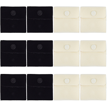 12Pcs 2 Colors Square Velvet Jewelry Bags, with Snap Fastener, Mixed Color, 7x7x0.95cm, 6pcs/color