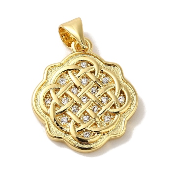 Rack Plating Brass Micro Pave Clear Cubic Zirconia Pendants, Cadmium Free & Lead Free, Long-Lasting Plated, Flower with Knot, Real 18K Gold Plated, 18.5x16x2mm, Hole: 5x3.5mm