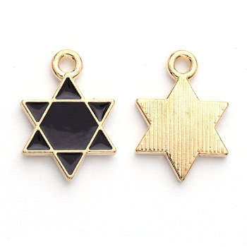 Alloy Enamel Pendants, for Jewish, Star of David, Light Gold, Black, 16.5x12x2mm, Hole: 1.6mm