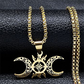 304 Stainless Steel Pendant Necklaces, Hollow Triple Moon Goddess, Golden, 23.46 inch(59.6cm)