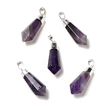 Natural Amethyst Pointed Pendants, with Silver Tone Brass Findings, Bullet, 35~36.5x13~13.5x12mm, Hole: 5x7mm