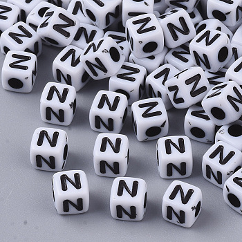 White Opaque Acrylic Beads, Horizontal Hole, Cube with Black Alphabet, Letter.N, 4~5x4~5x4~5mm, Hole: 1.8mm, about 6470~6500pcs/500g