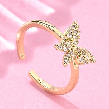 Adjustable Brass Finger Rings, with Micro Pave Clear Cubic Zirconia, Long-Lasting Plated, Butterfly, Golden, Size 7, 17mm