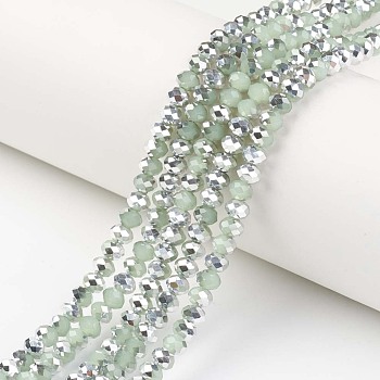 Electroplate Glass Beads Strands, Imitation Jade, Half Silver Plated, Faceted, Rondelle, Pale Green, 4x3mm, Hole: 0.4mm, about 130pcs/strand, 16.54 inch(42cm)