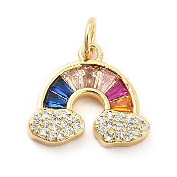 Rack Plating Brass Cubic Zirconia Charm, Rainbow Charms, Long-Lasting Plated, with Jump Rings, Cadmium Free & Lead Free, Real 18K Gold Plated, 13x14.5x2.5mm, Hole: 3.5mm