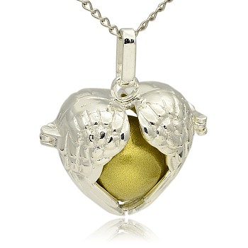 Silver Color Plated Brass Hollow Heart Cage Pendants, with No Hole Spray Painted Brass Ball Beads, Dark Khaki, 28x30x16mm, Hole: 3x8mm