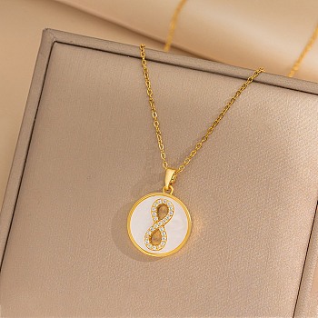 Flat Round with Number 8 Shell & Cubic Zirconia Pendant Necklaces, 304 Stainless Steel Necklaces for Women, Golden, 15.79 inch(40.1cm)