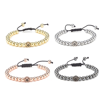 4Pcs 4 Color Cubic Zirconia Polygon Braided Bead Bracelet with Synthetic Hematite, Brass Adjustable Bracelets for Women, Mixed Color, Inner Diameter: 2 inch~3-3/8 inch(5.2~8.6cm), 1Pc/styel