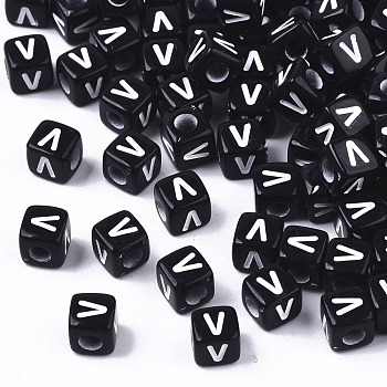 Opaque Acrylic Beads, Horizontal Hole, Alphabet Style, Cube, Black & White, Letter.V, 5x5x5mm, Hole: 2mm, about 500pcs/50g