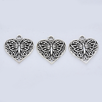 Tibetan Style Alloy Pendants, Cadmium Free & Lead Free, Heart with Butterfly, Antique Silver, 23x22x2mm, Hole: 2mm, about 273pcs/500g