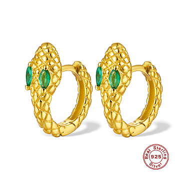 Snake Shape Real 18K Gold Plated 925 Sterling Sliver Micro Pave Cubic Zirconia Hoop Earrings, Green, 14x12mm