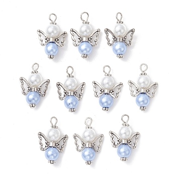 10Pcs Glass Pendants, with Alloy Finding, Angel Charms, Antique Silver, 27.5x18x8.5mm, Hole: 3mm