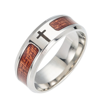 Stainless Steel Wide Band Finger Rings, with Acacia, Cross, Stainless Steel Color, US Size 10 1/4(19.9mm)