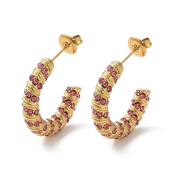 Real 18K Gold Plated 304 Stainless Steel with Glass Ring Stud Earrings, Half Hoop Earrings, Hot Pink, 20x4.5mm