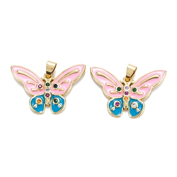 Brass Micro Pave Cubic Zirconia Pendants, with Enamel, Real 18K Gold Plated, Long-Lasting Plated, Butterfly, Colorful, 22x32.5x3mm, Hole: 6x3mm