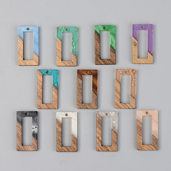 Resin & Walnut Wood Pendants, Rectangle, Mixed Color, 28x15x3mm, Hole: 2mm