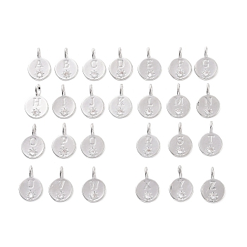 Eco-friendly Rack Plating Brass Micro Pave Cubic Zirconia Alphabet Pendants, Cadmium Free & Lead Free, Long-Lasting Plated, Flat Round with Sun & Letter A~Z Charm, Platinum, 17.5x11.5x4.5mm, Hole: 2.5x4.5mm, 26 styles, 1pc/style, 26pcs/set