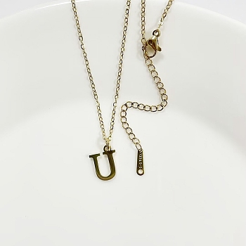 304 Stainless Steel Letter Pendant Necklaces, Lead Free & Nickel Free & Cadmium Free, Letter U, 17.52 inch(44.5cm)~17.72 inch(45cm), Letter: 13x10mm