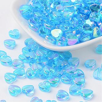 Transparent Acrylic Beads, Heart, Deep Sky Blue, AB, Size: about 8mm wide, 3mm thick, hole: 1mm, about 2800pcs/500g