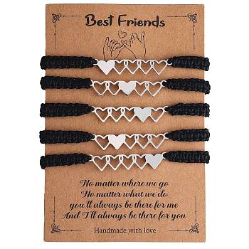 5Pcs 5 Style Stainless Steel Heart Link Bracelets Set, Nylon Cord Adjustable Bracelets for Best Friends Family, Black, Inner Diameter: 2-1/8~4 inch(5.4~10cm), 1Pc/style