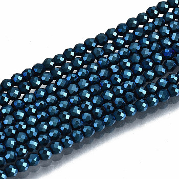 Electroplate Non-magnetic Synthetic Hematite Beads Strands, Round, Faceted, Royal Blue, 2.5x2mm, Hole: 0.8mm, about 186~197pcs/strand, 14.96 inch~15.75 inch(38cm~40cm)
