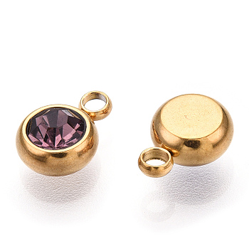 201 Stainless Steel Rhinestone Charms, Birthstone Charms, Flat Round, Golden, Amethyst, 8.5x6x3mm, Hole: 1.5mm