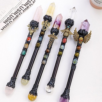 Dyed Natural Crystal Quartz Sun Magic Wand, Cosplay Magic Wand, for Witches and Wizards, Mixed Color, 260~290mm