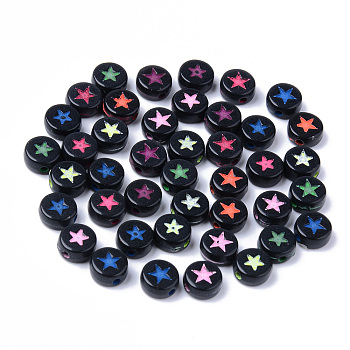 Opaque Black Acrylic Beads, Flat Round with Mixed Color Star, 7x3.5mm, Hole: 1.5mm