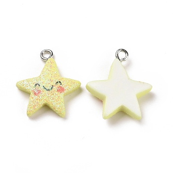 Opaque Resin Pendants, Star Charm, with Glitter Powder and Platinum Tone Iron Loops, Yellow, Star Pattern, 22x19x5mm, Hole: 2mm