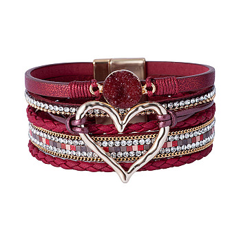 Imitation Leather Multi-Starnd Bracelets, Bohemia Style Rhinestone and Druzy Crystal, Link Bracelet for Women, Dark Red, 7-5/8 inch(19.5cm), 30mm