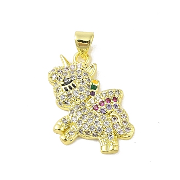 Brass Micro Pave Cubic Zirconia Pendants, with Enamel, Real 18K Gold Plated, Unicorn, Colorful, 25.5x17x3mm, Hole: 5.5x3.5mm