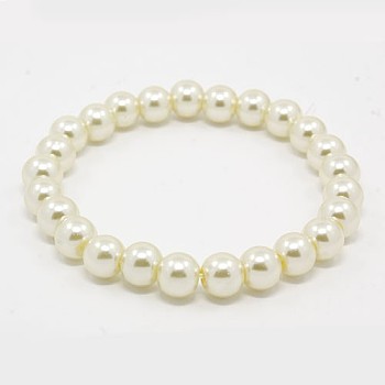 Stretchy Carnival Jewelry, Mardi Gras Glass Pearl Bracelets, with Elastic Cord, Creamy White, 6x55mm