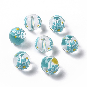 Transparent Glass Beads, with Enamel, Round, Sky Blue, Flower Pattern, 11.5~12x11mm, Hole: 1.5~1.6mm