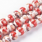 Handmade Flower Printed Porcelain Ceramic Beads Strands, Round, FireBrick, 10mm, Hole: 2mm, 35pcs/strand, 12.9 inch~13.3 inch(33~34cm)(PORC-J006-A07)