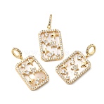 Natural Shell & Clear Cubic Zirconia Pendants, Brass Rectangle with Star Pattern Charms, Real 18K Gold Plated, 19.5x12.5x2.5mm, Hole: 3.5x2.5mm(KK-G553-11G)