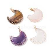 Natural Gemstone Pendants, with Real 18K Gold Plated Copper Wire Wrapped, Moon, 41~46x36x8~9mm, Hole: 3mm(PALLOY-JF01421)