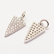 Brass Micro Pave Grade AAA Cubic Zirconia Charms, Long-Lasting Plated, Triangle, Cadmium Free & Nickel Free & Lead Free, Real Platinum Plated, 15x8x1.5mm, Hole: 3mm(ZIRC-G090-07P-NR)