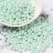 6/0 Glass Seed Beads, Opaque Colours Luster, Teardrop, Aquamarine, 4.5~5x4x3~3.5mm, Hole: 0.9mm, about 5625Pcs/Pound(SEED-M012-01A-07)