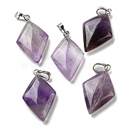 Natural Amethyst Pendants, with Platinum Tone Brass Findings, Rhombus Charm, 28~29x17~18x5.5~6mm, Hole: 4x7mm(G-C066-03E)