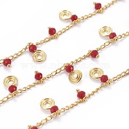 3.28 Feet Handmade Brass Curb Chains, with Glass Beads & Charms, Soldered, Real 18K Gold Plated, Long-Lasting Plated, Faceted Rondelle & Vortex, FireBrick, 1.5mm(X-CHC-H007-F01)