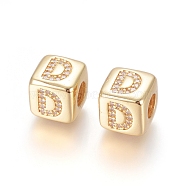 Brass Micro Pave Cubic Zirconia European Beads, Horizontal Hole, Large Hole Beads, Long-Lasting Plated, Cube with Letter, Golden, Clear, Letter.D, 9x9x9.5mm, Hole: 4.5mm(ZIRC-G162-13G-D)