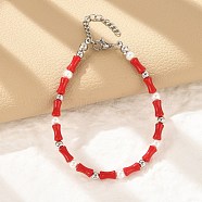 304 Stainless Steel Beaded Bracelets for Women, Column, with Glass & Steel & Plastic Imitation Pearl Beads, Red, 7-3/8 inch(18.7cm)(BJEW-M056-08P-02)