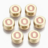 Alloy Enamel Beads, Cadmium Free & Lead Free, Flat Round with Initial Letters, Light Gold, Pink, Letter.O, 8x4mm, Hole: 1.5mm(X-ENAM-S122-029O-RS)
