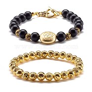 Natural Lava Rock & Synthetic Black Stone Round Beads Energy Stretch Bracelets Set, Lotus Flat Round Alloy Beads Bracelets, Heart Clasps Bracelets, Antique Golden, 7-7/8 inch(20cm), 2 inch(5.2cm), 2pcs/set(BJEW-JB06969)