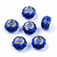 Transparent Resin European Beads, Imitation Crystal, Large Hole Beads, with Silver Tone Brass Double Cores, Faceted, Rondelle, Blue, 14x9.5mm, Hole: 5mm(RPDL-T003-003-B02)