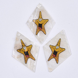 Printed Capiz Shell Pendants, Single-Sided Printed, Rhombus with Starfish/Sea Stars, Colorful, 48~49.5x29.5~30.5x1mm, Hole: 1.6mm(X-SHEL-T016-08K)