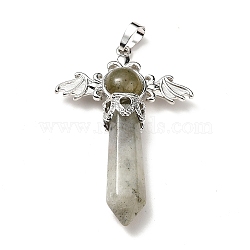 Natural Labradorite Pendants, Angel Charms, with Rack Plating Platinum Tone Brass Findings, Cadmium Free & Lead Free, 52~53x37x11mm, Hole: 8x5mm(G-B033-01P-14)