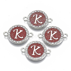 Alloy Enamel Links Connectors, with Crystal Rhinestones, Flat Round with Letter, Silver Color Plated, Letter.K, 22x16x2mm, Hole: 1.8mm(ENAM-TAC0003-01S-05K)