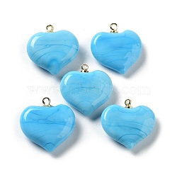 Handmade Lampwork Pendants, with Rack Plating Golden Tone Brass Findings, Long-Lasting Plated, Heart Charm, Deep Sky Blue, 18.5x17x6.5mm, Hole: 1.4mm(LAMP-G160-01C)