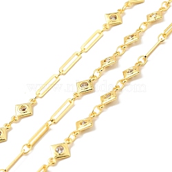 Rack Plating Brass Rhombus & Oval Link Chains, with Clear Cubic Zirconia, Long-Lasting Plated, Soldered, with Spool, Cadmium Free & Lead Free, Golden, 10.5x6.5x1.5mm, 10x2x0.5mm(CHC-C025-13G)